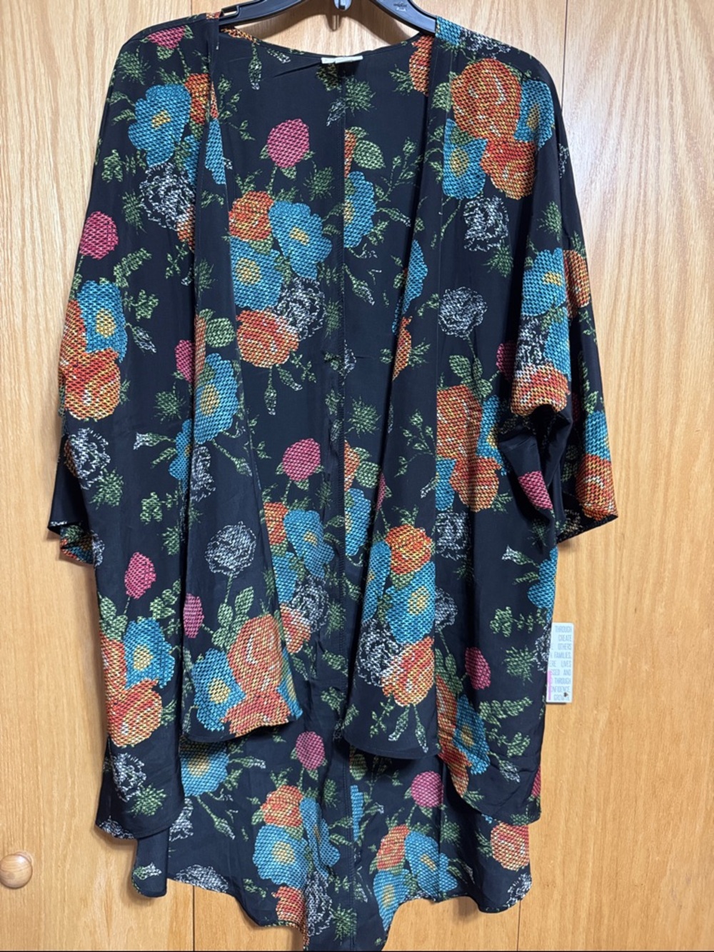 LuLaRoe Lindsay Black Floral Kimono with Blue, Pink, Orange, Green Accents